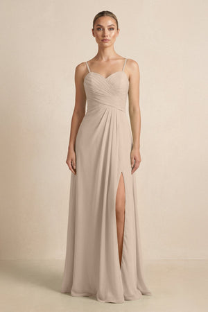 V - Neck A - Line Chiffon Pleated Bridesmaid Dress in Almond - SHE IS ME Bridesmaid Dresses