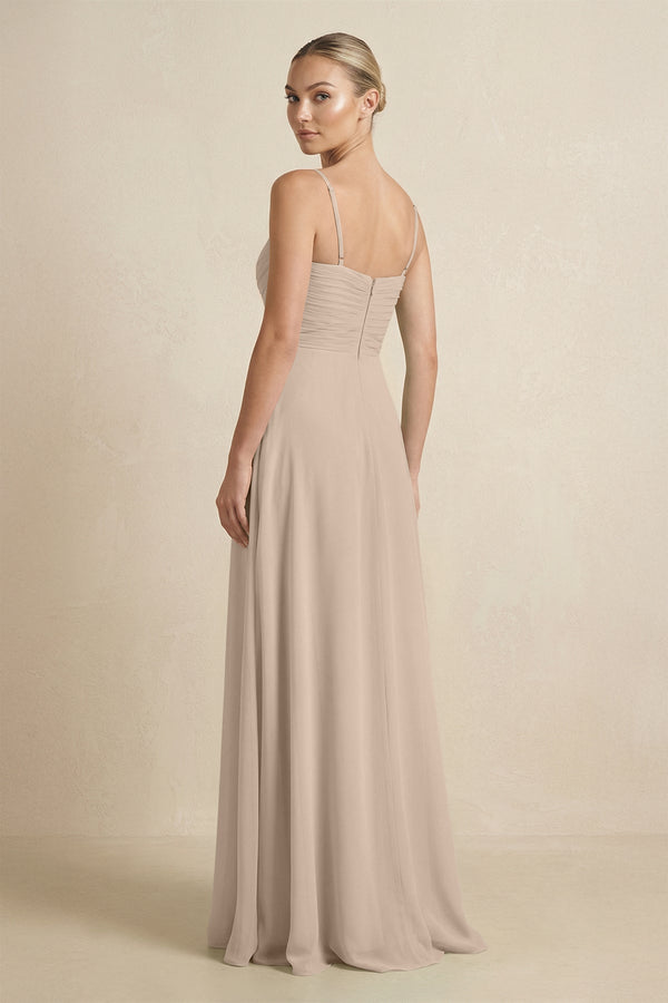 V - Neck A - Line Chiffon Pleated Bridesmaid Dress in Almond - SHE IS ME Bridesmaid Dresses