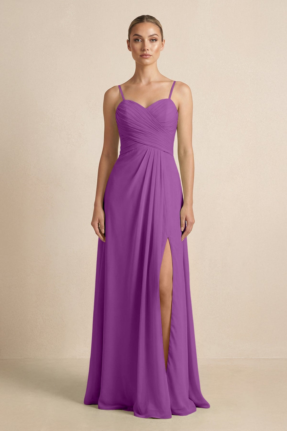 V - Neck A - Line Chiffon Pleated Bridesmaid Dress in Amethyst - KISS BRIDAL Bridesmaid Dresses