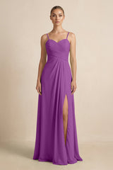 V - Neck A - Line Chiffon Pleated Bridesmaid Dress in Amethyst - KISS BRIDAL Bridesmaid Dresses