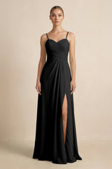 V - Neck A - Line Chiffon Pleated Bridesmaid Dress in Black - KISS BRIDAL Bridesmaid Dresses