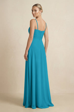 V - Neck A - Line Chiffon Pleated Bridesmaid Dress in Blue Jay - SHE IS ME Bridesmaid Dresses