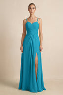 V - Neck A - Line Chiffon Pleated Bridesmaid Dress in Blue Jay - SHE IS ME Bridesmaid Dresses
