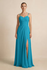 V - Neck A - Line Chiffon Pleated Bridesmaid Dress in Blue Jay - KISS BRIDAL Bridesmaid Dresses