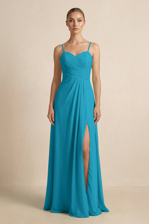 V - Neck A - Line Chiffon Pleated Bridesmaid Dress in Blue Jay - SHE IS ME Bridesmaid Dresses