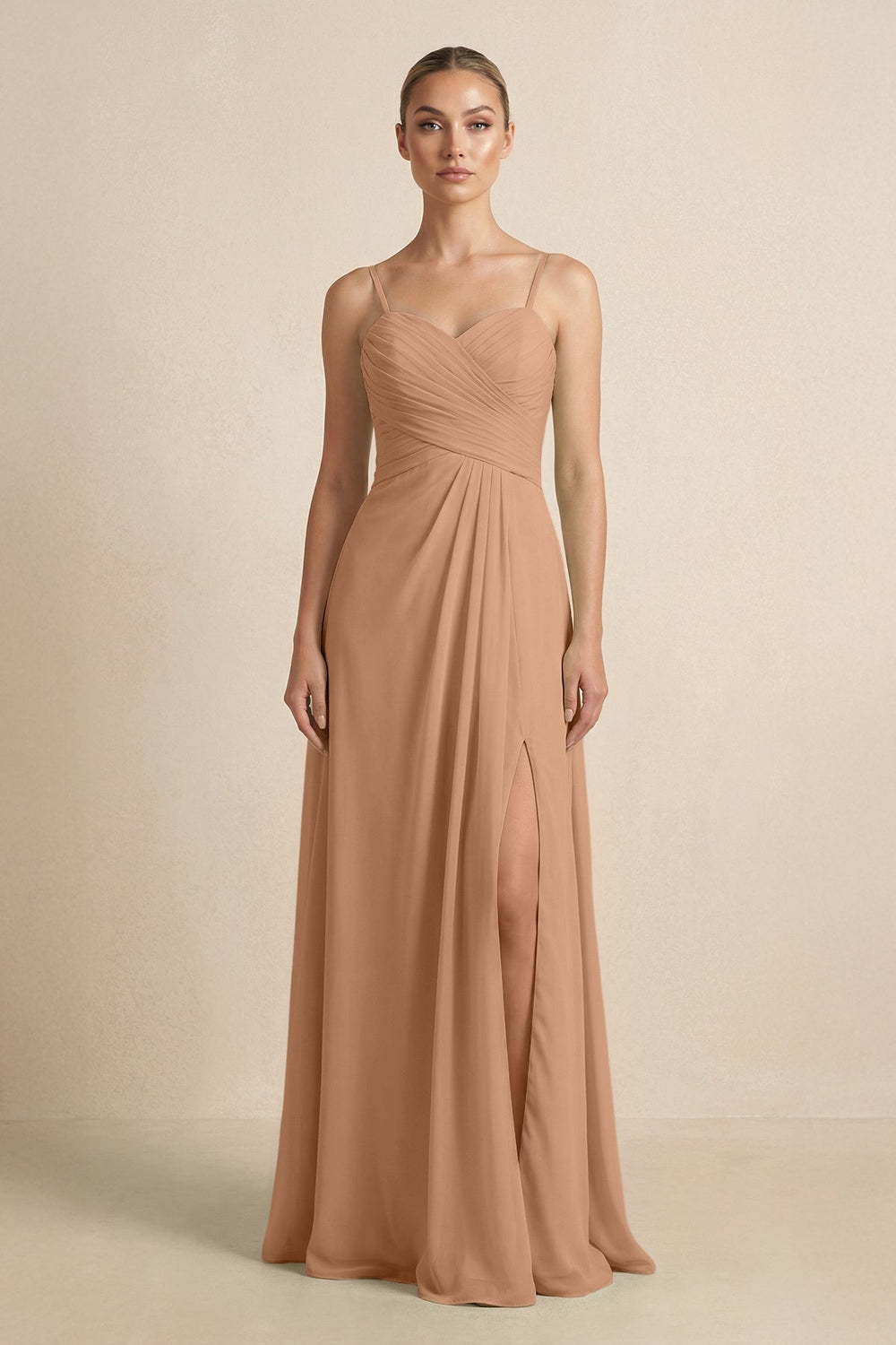 V - Neck A - Line Chiffon Pleated Bridesmaid Dress in Bronzer - KISS BRIDAL Bridesmaid Dresses