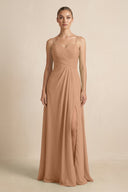 V - Neck A - Line Chiffon Pleated Bridesmaid Dress in Bronzer - KISS BRIDAL Bridesmaid Dresses