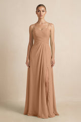 V - Neck A - Line Chiffon Pleated Bridesmaid Dress in Bronzer - KISS BRIDAL Bridesmaid Dresses