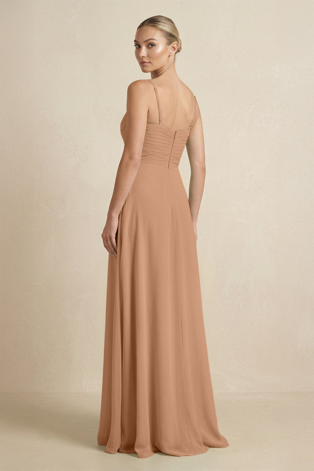 V - Neck A - Line Chiffon Pleated Bridesmaid Dress in Bronzer - KISS BRIDAL Bridesmaid Dresses