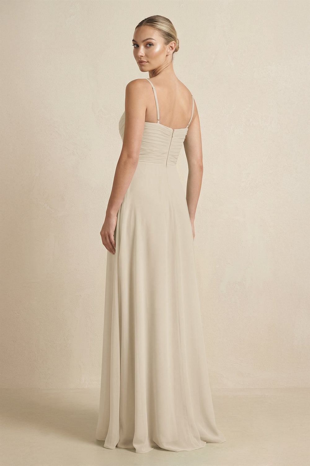 V - Neck A - Line Chiffon Pleated Bridesmaid Dress in Champagne - SHE IS ME Bridesmaid Dresses