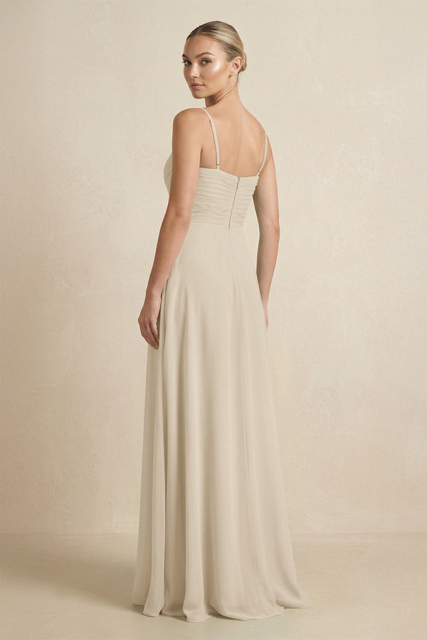 V - Neck A - Line Chiffon Pleated Bridesmaid Dress in Champagne - SHE IS ME Bridesmaid Dresses
