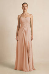 V - Neck A - Line Chiffon Pleated Bridesmaid Dress in Champagne Rose - KISS BRIDAL Bridesmaid Dresses