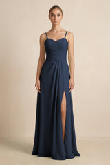 V - Neck A - Line Chiffon Pleated Bridesmaid Dress in Dark Navy - KISS BRIDAL Bridesmaid Dresses