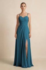 V - Neck A - Line Chiffon Pleated Bridesmaid Dress in Dark Teal - KISS BRIDAL Bridesmaid Dresses