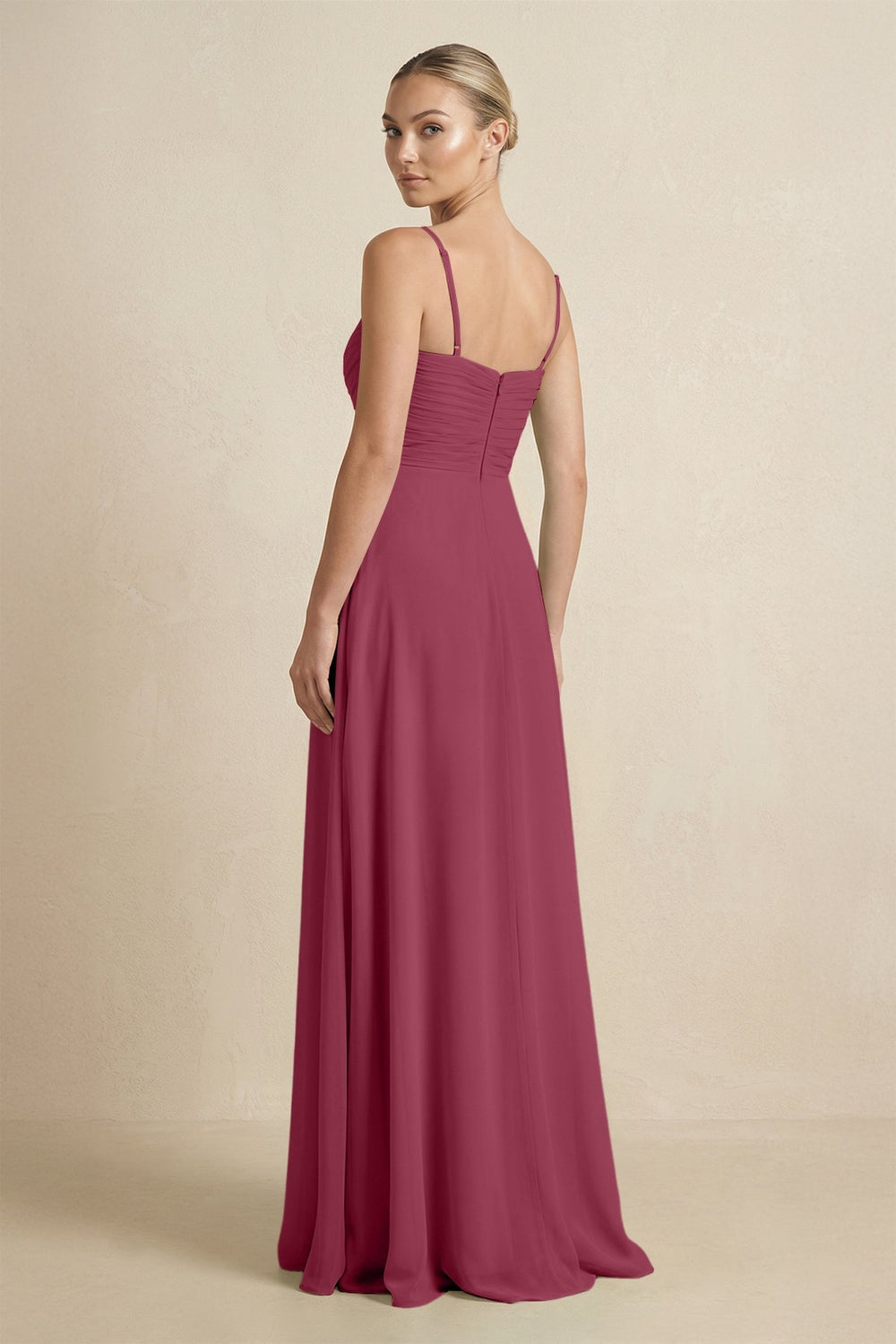 V - Neck A - Line Chiffon Pleated Bridesmaid Dress in Desert Rose - KISS BRIDAL Bridesmaid Dresses