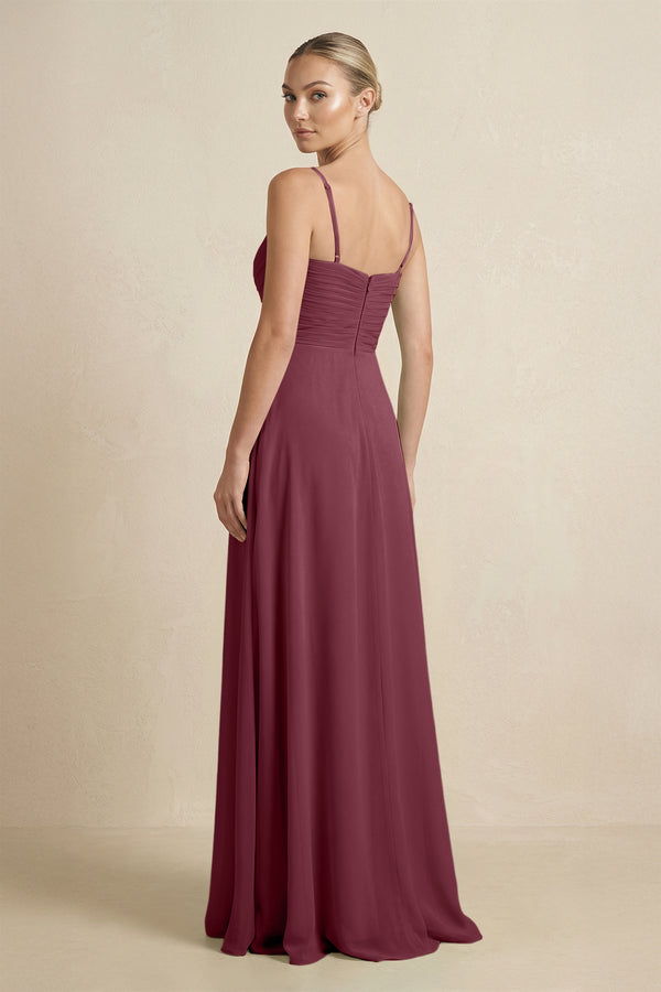 V-Neck A-Line Chiffon Pleated Bridesmaid Dress in Desert Rose (2) | KISSBRIDAL