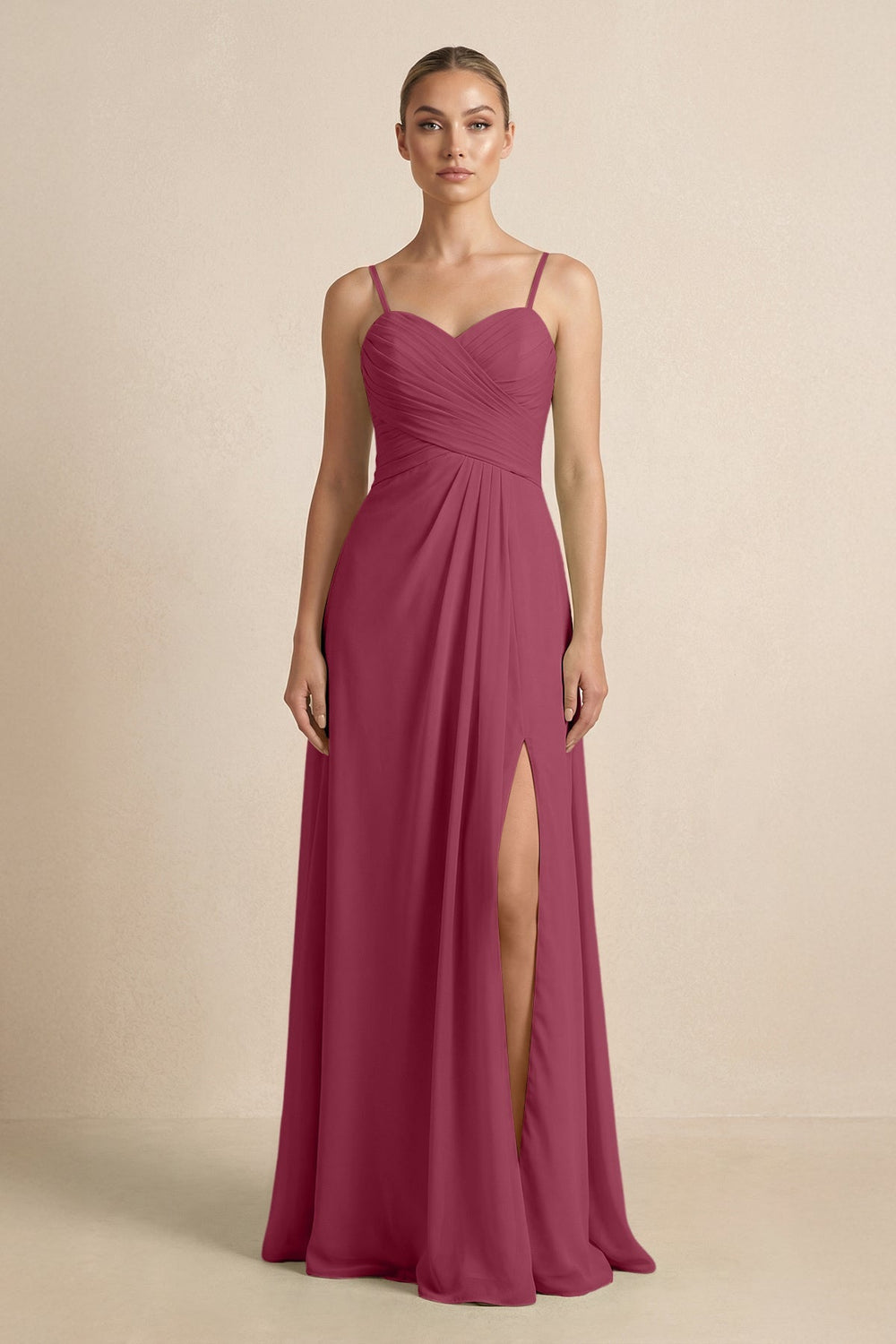 V - Neck A - Line Chiffon Pleated Bridesmaid Dress in Desert Rose - KISS BRIDAL Bridesmaid Dresses