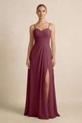 V-Neck A-Line Chiffon Pleated Bridesmaid Dress in Desert Rose | KISSBRIDAL
