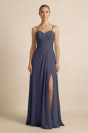 V - Neck A - Line Chiffon Pleated Bridesmaid Dress in Dusk Blue - KISS BRIDAL Bridesmaid Dresses