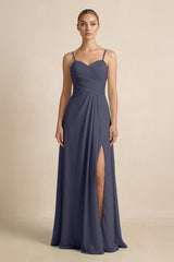 V - Neck A - Line Chiffon Pleated Bridesmaid Dress in Dusk Blue - KISS BRIDAL Bridesmaid Dresses