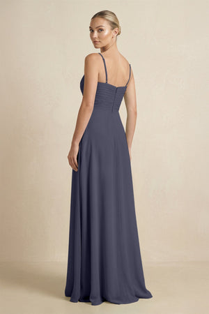 V - Neck A - Line Chiffon Pleated Bridesmaid Dress in Dusk Blue - KISS BRIDAL Bridesmaid Dresses