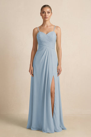 V - Neck A - Line Chiffon Pleated Bridesmaid Dress in Dusty Blue - SHE IS ME Bridesmaid Dresses