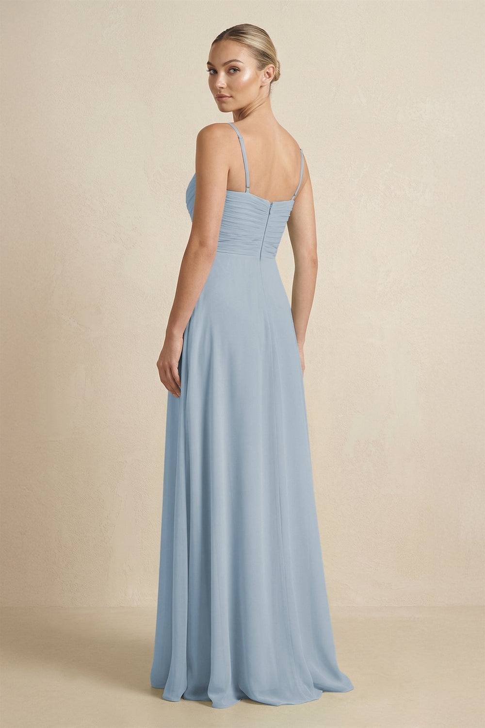 V - Neck A - Line Chiffon Pleated Bridesmaid Dress in Dusty Blue - SHE IS ME Bridesmaid Dresses