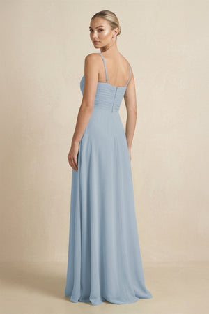 V - Neck A - Line Chiffon Pleated Bridesmaid Dress in Dusty Blue - SHE IS ME Bridesmaid Dresses