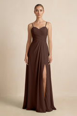 V - Neck A - Line Chiffon Pleated Bridesmaid Dress in Espresso - KISS BRIDAL Bridesmaid Dresses