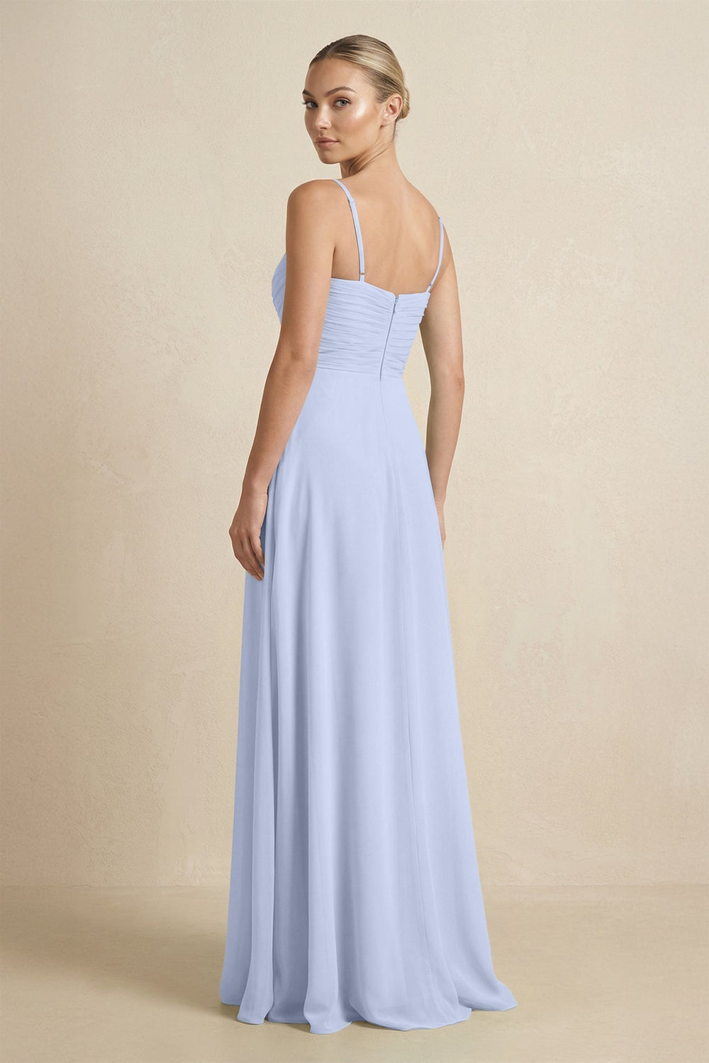 V - Neck A - Line Chiffon Pleated Bridesmaid Dress in Ice - KISS BRIDAL Bridesmaid Dresses