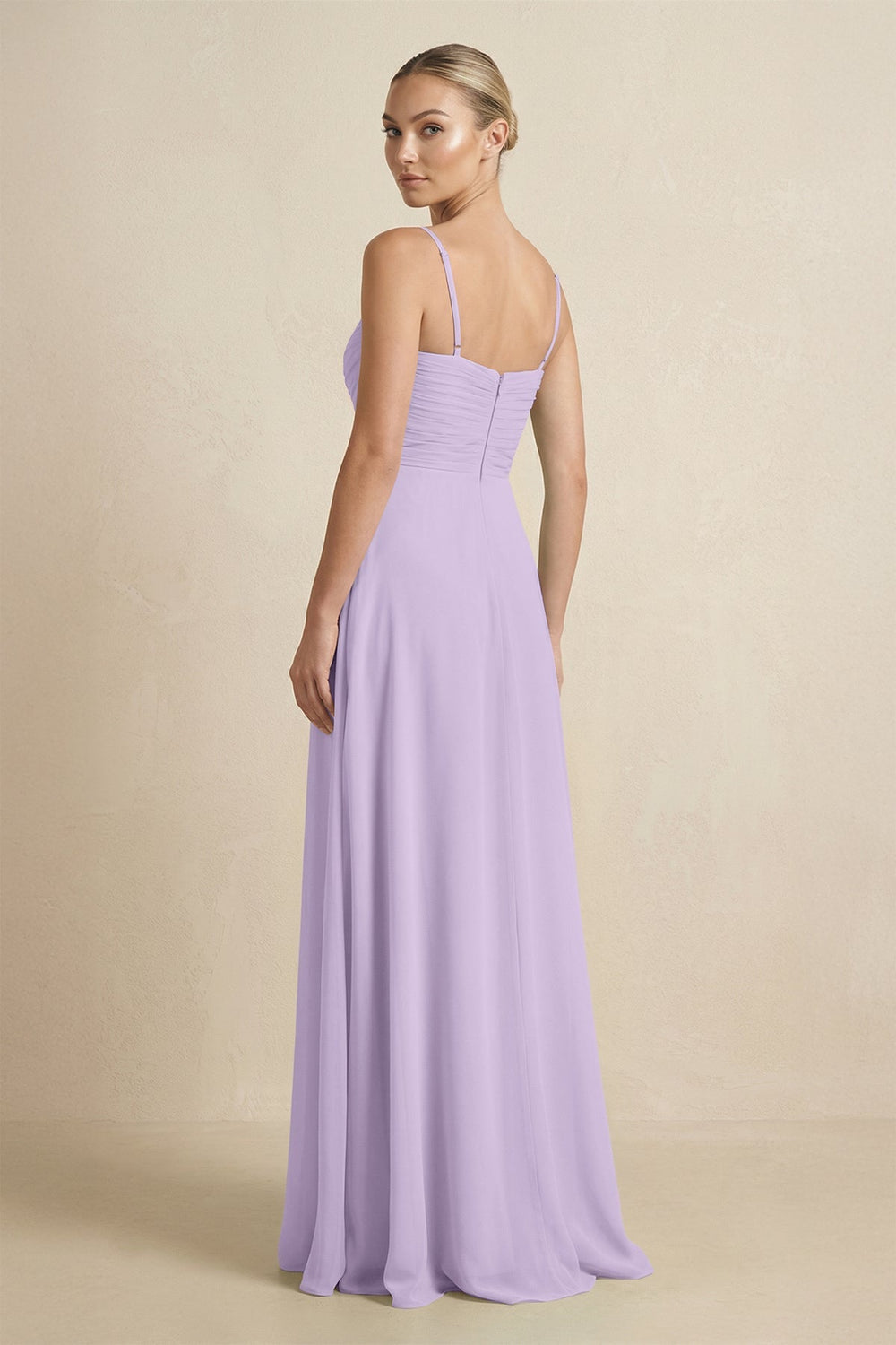 V - Neck A - Line Chiffon Pleated Bridesmaid Dress in Lavender - KISS BRIDAL Bridesmaid Dresses