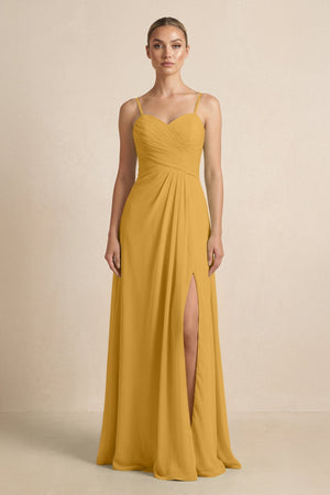 V - Neck A - Line Chiffon Pleated Bridesmaid Dress in Marigold - SHE IS ME Bridesmaid Dresses