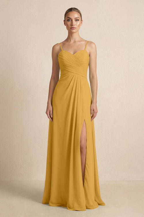 V - Neck A - Line Chiffon Pleated Bridesmaid Dress in Marigold - SHE IS ME Bridesmaid Dresses