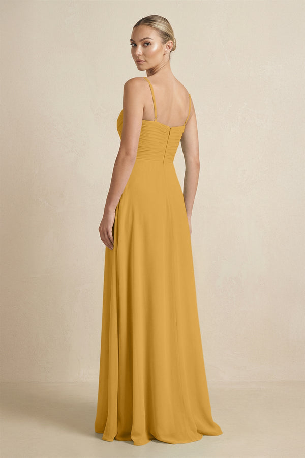 V - Neck A - Line Chiffon Pleated Bridesmaid Dress in Marigold - SHE IS ME Bridesmaid Dresses