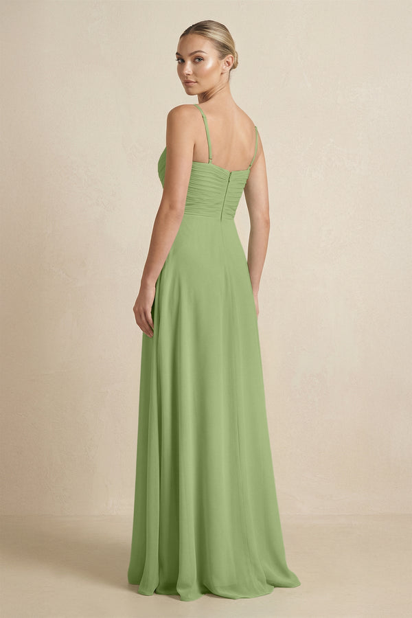 V - Neck A - Line Chiffon Pleated Bridesmaid Dress in Matcha - SHE IS ME Bridesmaid Dresses