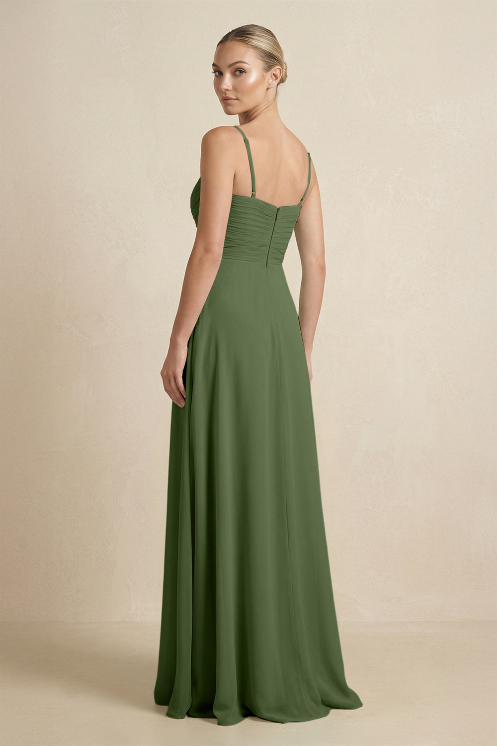 V-Neck A-Line Chiffon Pleated Bridesmaid Dress in Moss