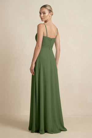 V-Neck A-Line Chiffon Pleated Bridesmaid Dress in Moss (2) | KISSBRIDAL