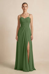 V - Neck A - Line Chiffon Pleated Bridesmaid Dress in Moss - KISS BRIDAL Bridesmaid Dresses