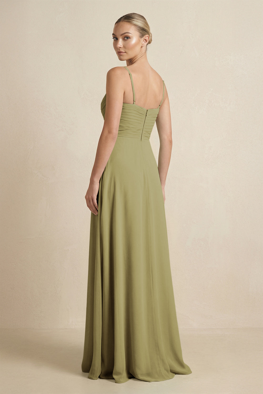 V-Neck A-Line Chiffon Pleated Bridesmaid Dress in Moss Green