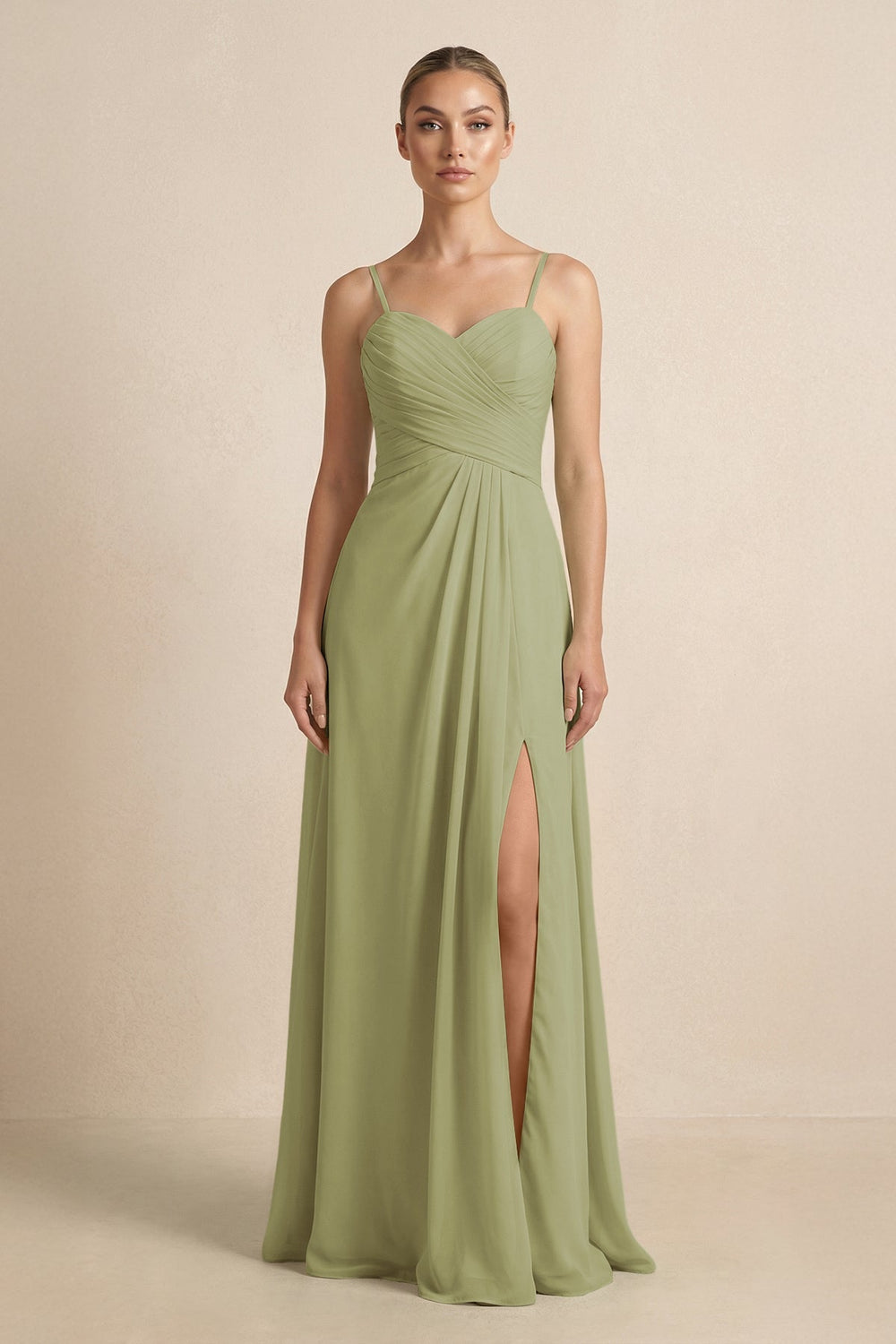 V - Neck A - Line Chiffon Pleated Bridesmaid Dress in Moss Green - SHE IS ME Bridesmaid Dresses