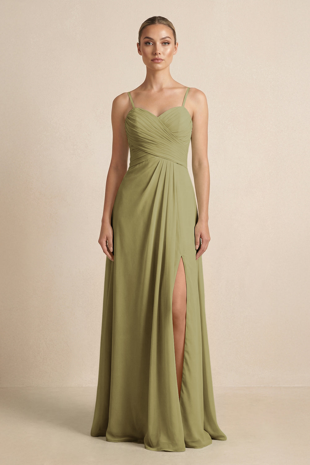 V-Neck A-Line Chiffon Pleated Bridesmaid Dress in Moss Green
