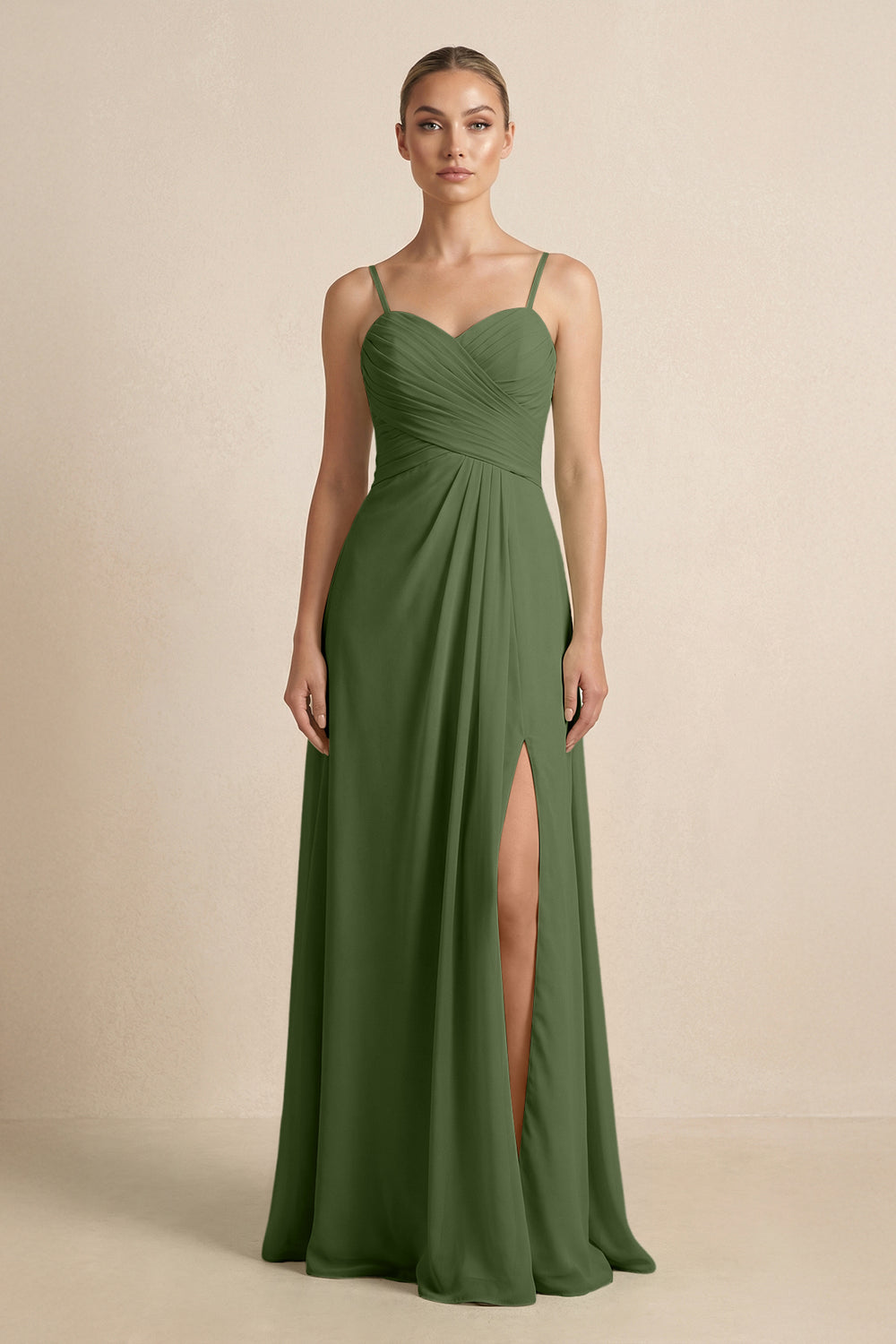 V-Neck A-Line Chiffon Pleated Bridesmaid Dress in Moss