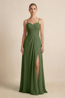 V-Neck A-Line Chiffon Pleated Bridesmaid Dress in Moss | KISSBRIDAL