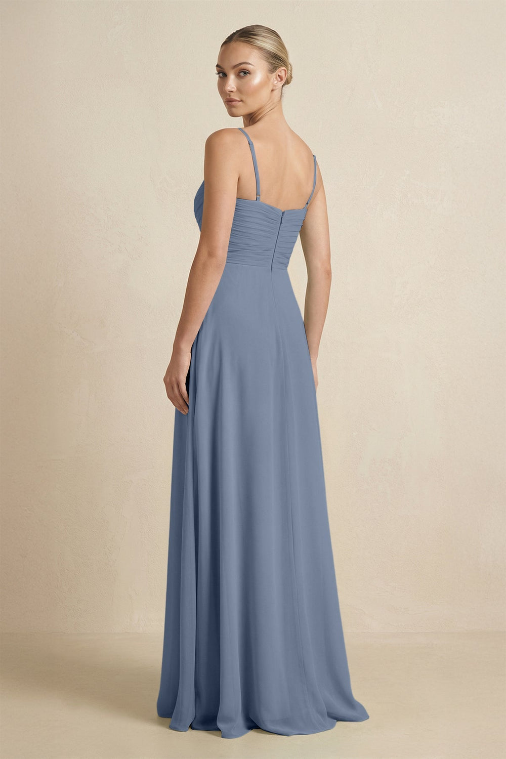 V - Neck A - Line Chiffon Pleated Bridesmaid Dress in Neptune - SHE IS ME Bridesmaid Dresses
