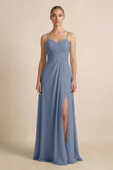 V - Neck A - Line Chiffon Pleated Bridesmaid Dress in Neptune - KISS BRIDAL Bridesmaid Dresses