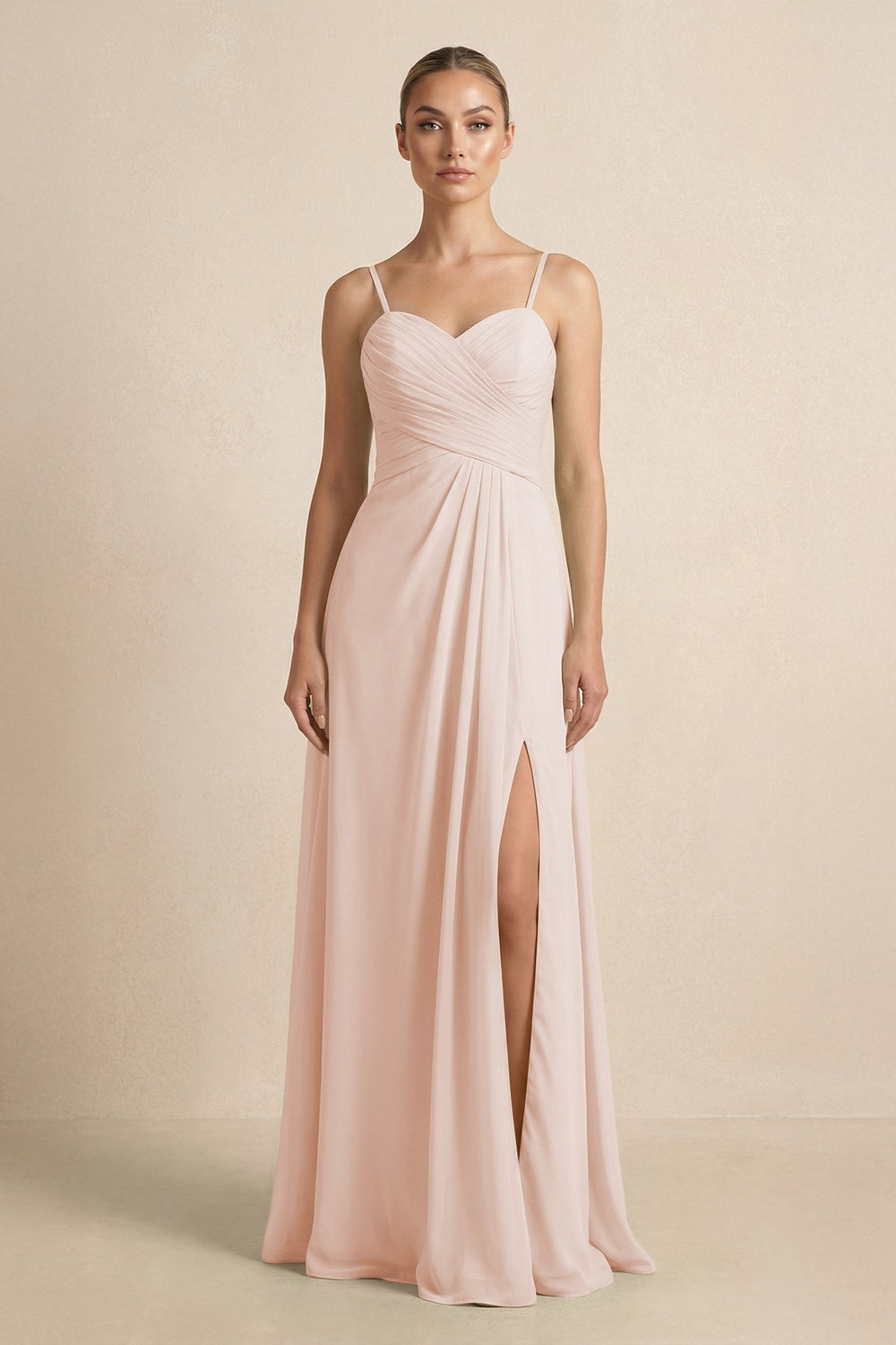 V - Neck A - Line Chiffon Pleated Bridesmaid Dress in Pale Blush - SHE IS ME Bridesmaid Dresses