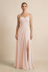 V - Neck A - Line Chiffon Pleated Bridesmaid Dress in Pale Blush - KISS BRIDAL Bridesmaid Dresses