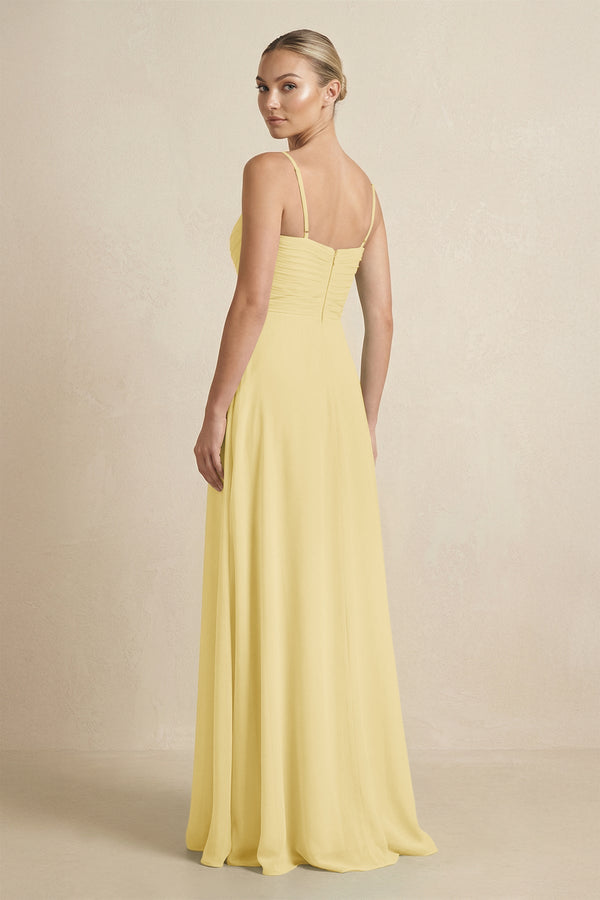 V - Neck A - Line Chiffon Pleated Bridesmaid Dress in Pastel Yellow - KISS BRIDAL Bridesmaid Dresses