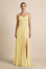 V - Neck A - Line Chiffon Pleated Bridesmaid Dress in Pastel Yellow - KISS BRIDAL Bridesmaid Dresses