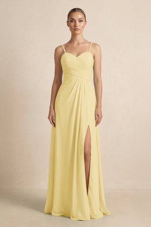 V - Neck A - Line Chiffon Pleated Bridesmaid Dress in Pastel Yellow - KISS BRIDAL Bridesmaid Dresses